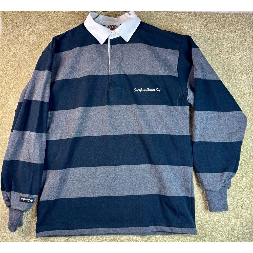 Barbarian Rugby Wear Men Long Sleeve Black Gray Striped Embroidered 100% Cotton
